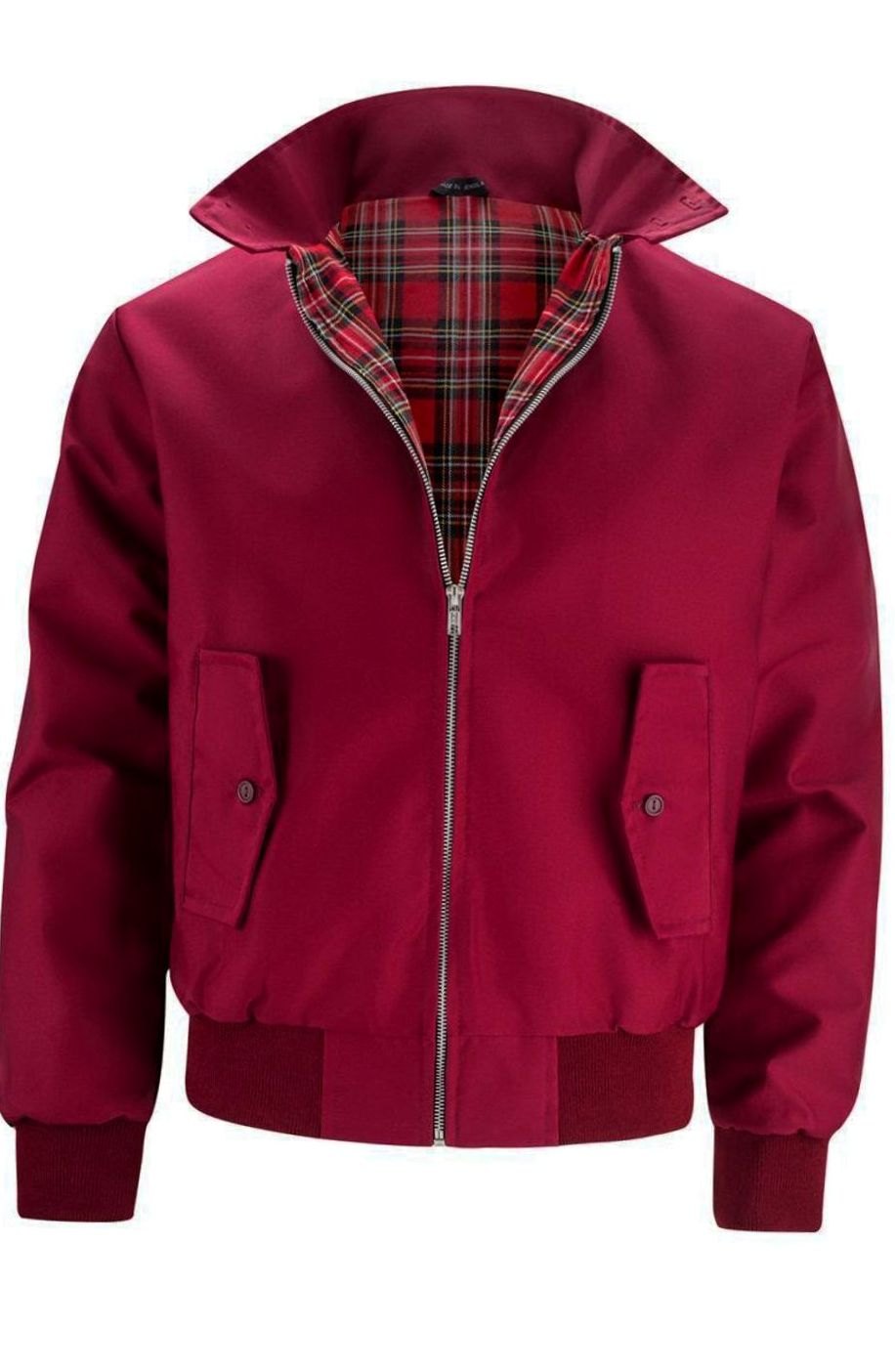 Men's Tartan-Lined Zip-Up Harrington Bomber Jacket - Burgundy
