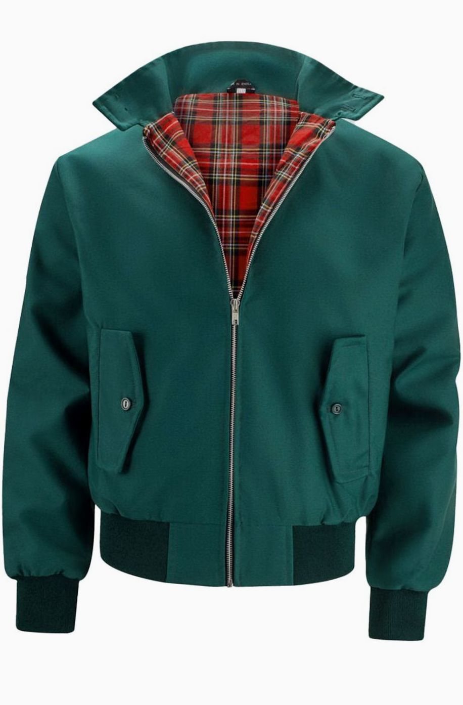 Men's Tartan-Lined Zip-Up Harrington Bomber Jacket - Dark Green