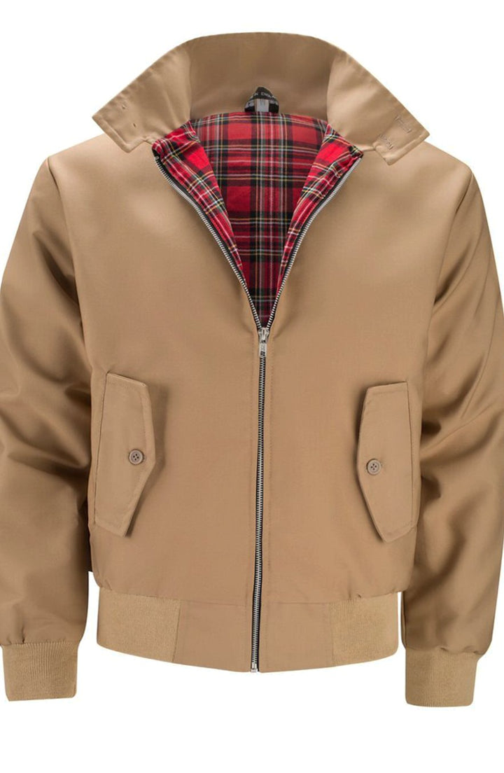 Men's Tartan-Lined Zip-Up Harrington Bomber Jacket - Camel