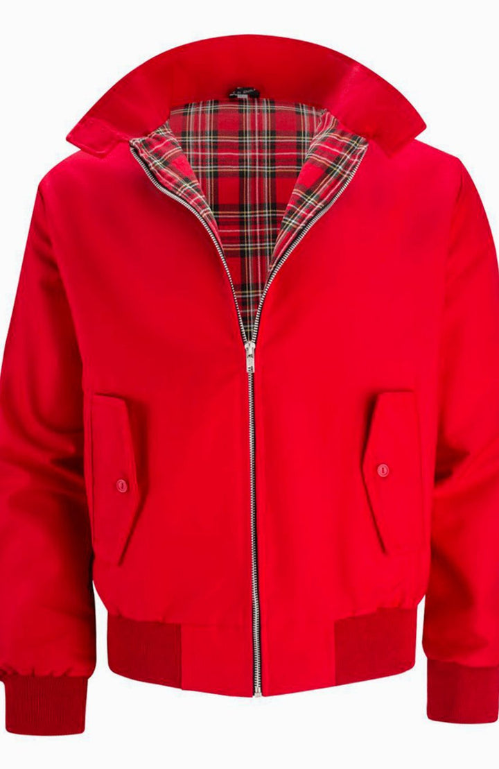 Men's Tartan-Lined Zip-Up Harrington Bomber Jacket - Red