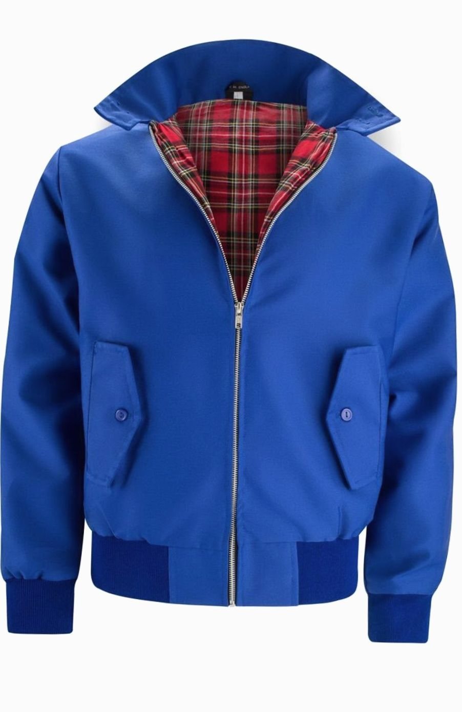 Men's Tartan-Lined Zip-Up Harrington Bomber Jacket - Royal Blue
