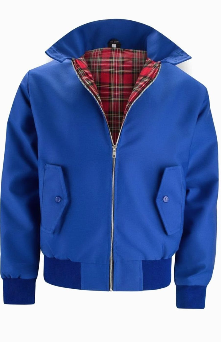 Men's Tartan-Lined Zip-Up Harrington Bomber Jacket - Royal Blue