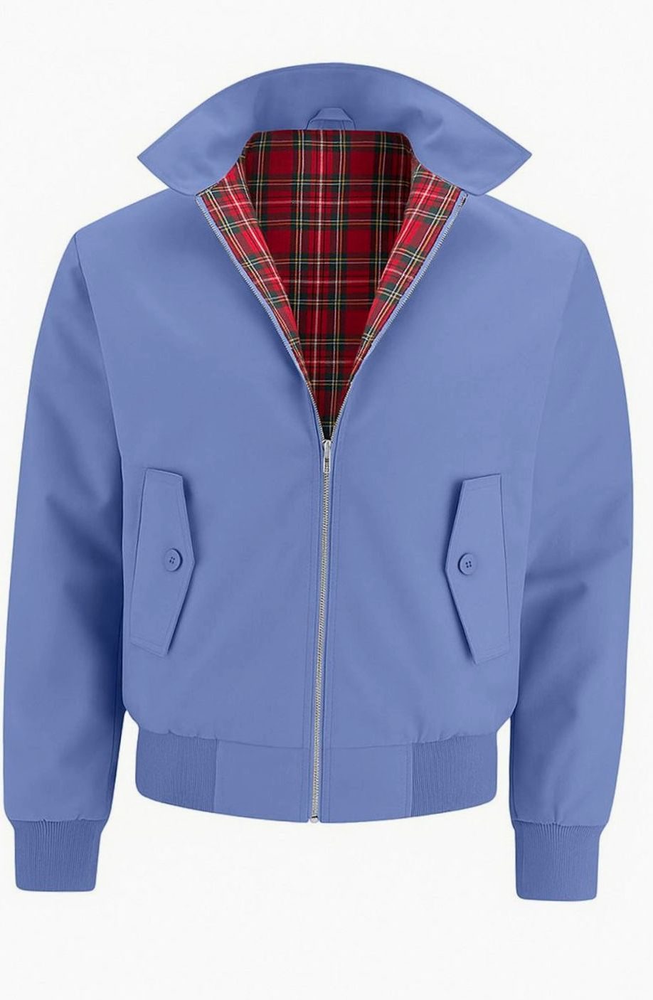 Men's Tartan-Lined Zip-Up Harrington Bomber Jacket - Light Blue