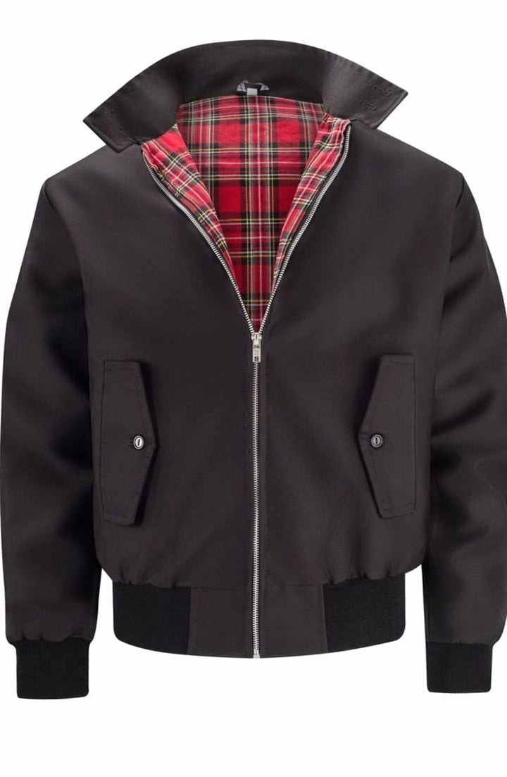 Men's Tartan-Lined Zip-Up Harrington Bomber Jacket - Black