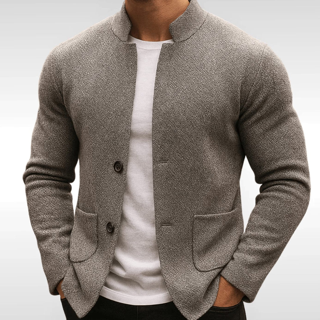 Men's Textured Knit Mandarin-Collar Button-Front Cardigan - Grey