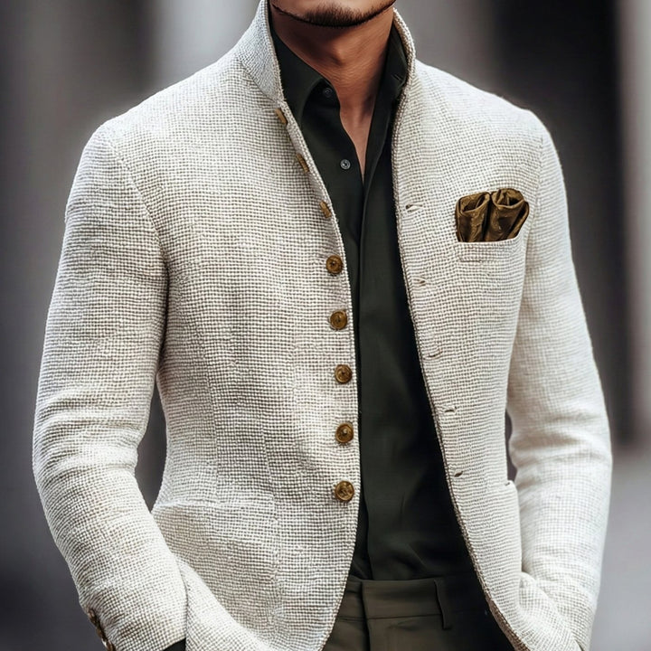 Men's Textured Weave Stand-Collar Single-Breasted Blazer Cardigan - White