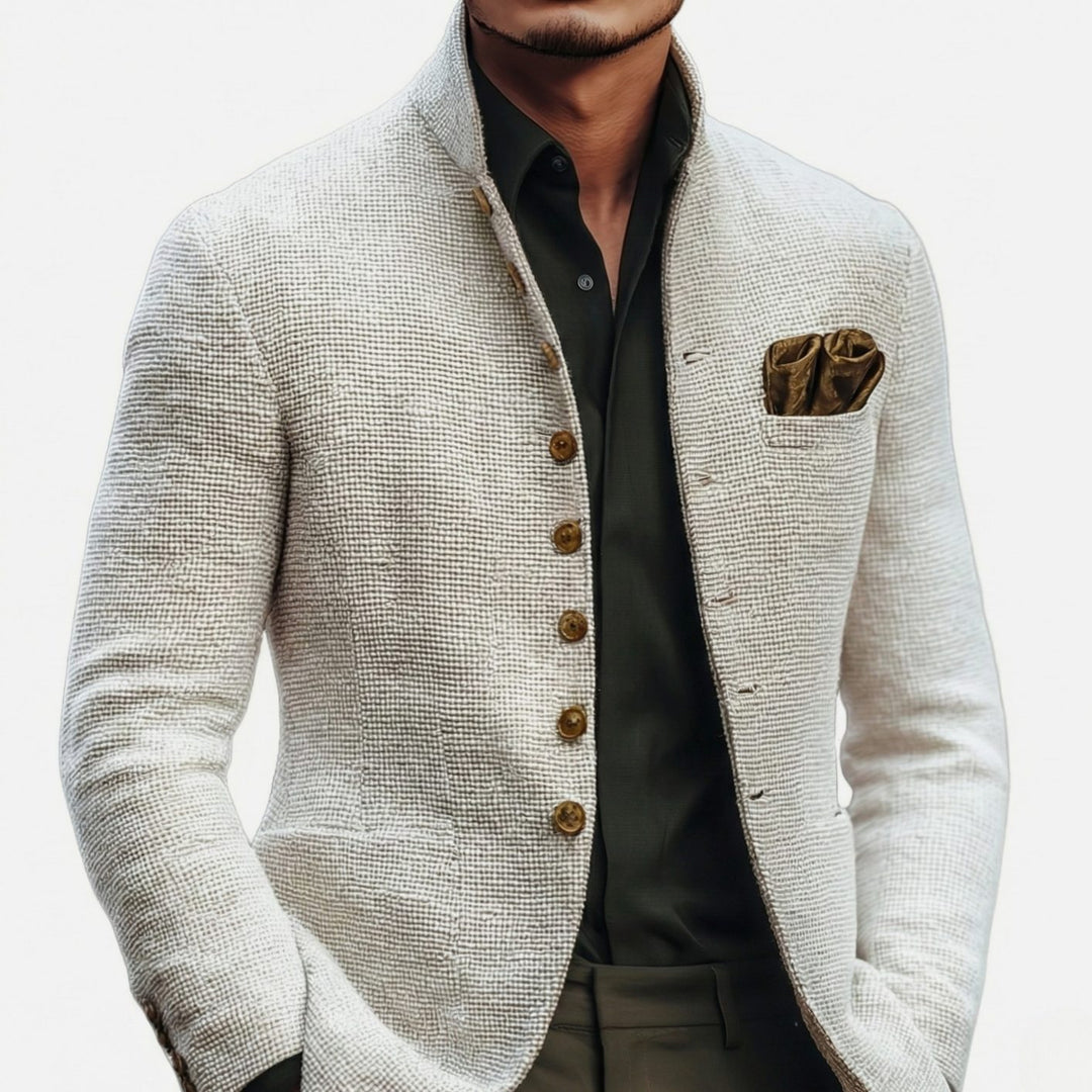 Men's Textured Weave Stand-Collar Single-Breasted Blazer Cardigan