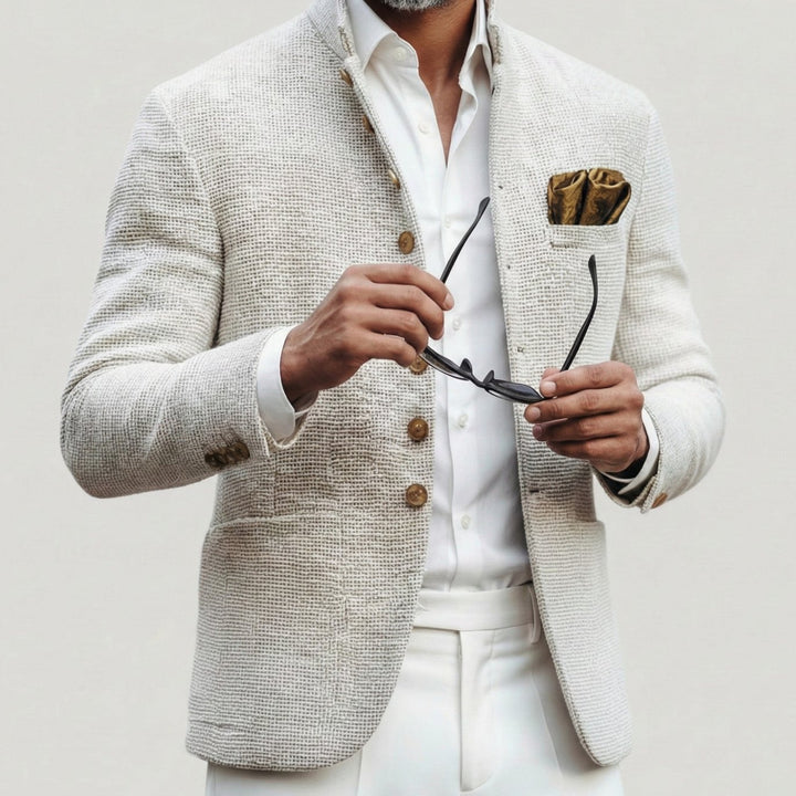 Men's Textured Weave Stand-Collar Single-Breasted Blazer Cardigan