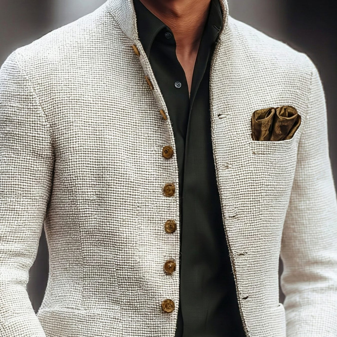 Men's Textured Weave Stand-Collar Single-Breasted Blazer Cardigan