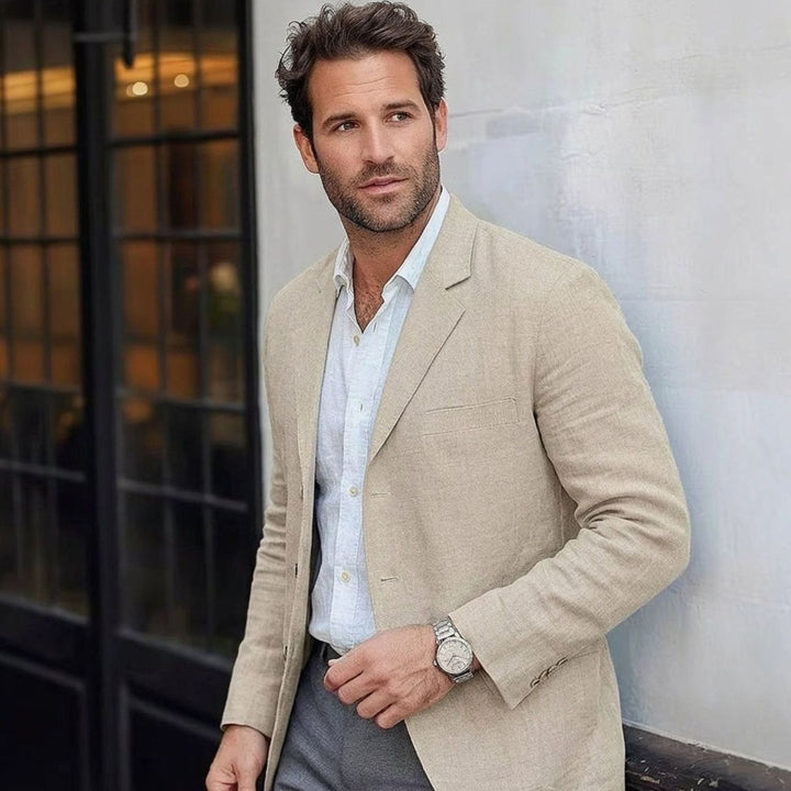 Men's Unstructured Linen-Blend Relaxed-Fit Blazer - Cream