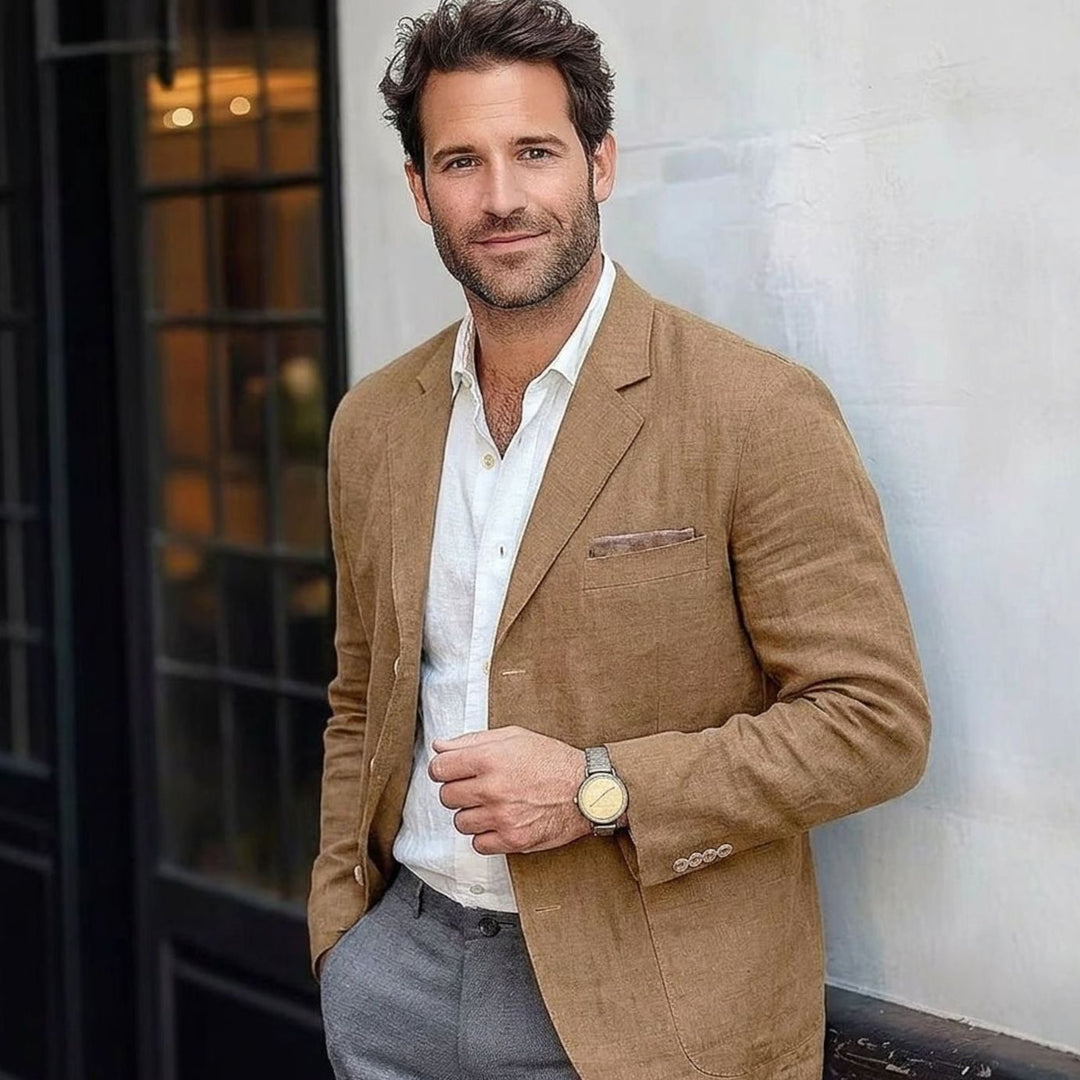 Men's Unstructured Linen-Blend Relaxed-Fit Blazer - Brown