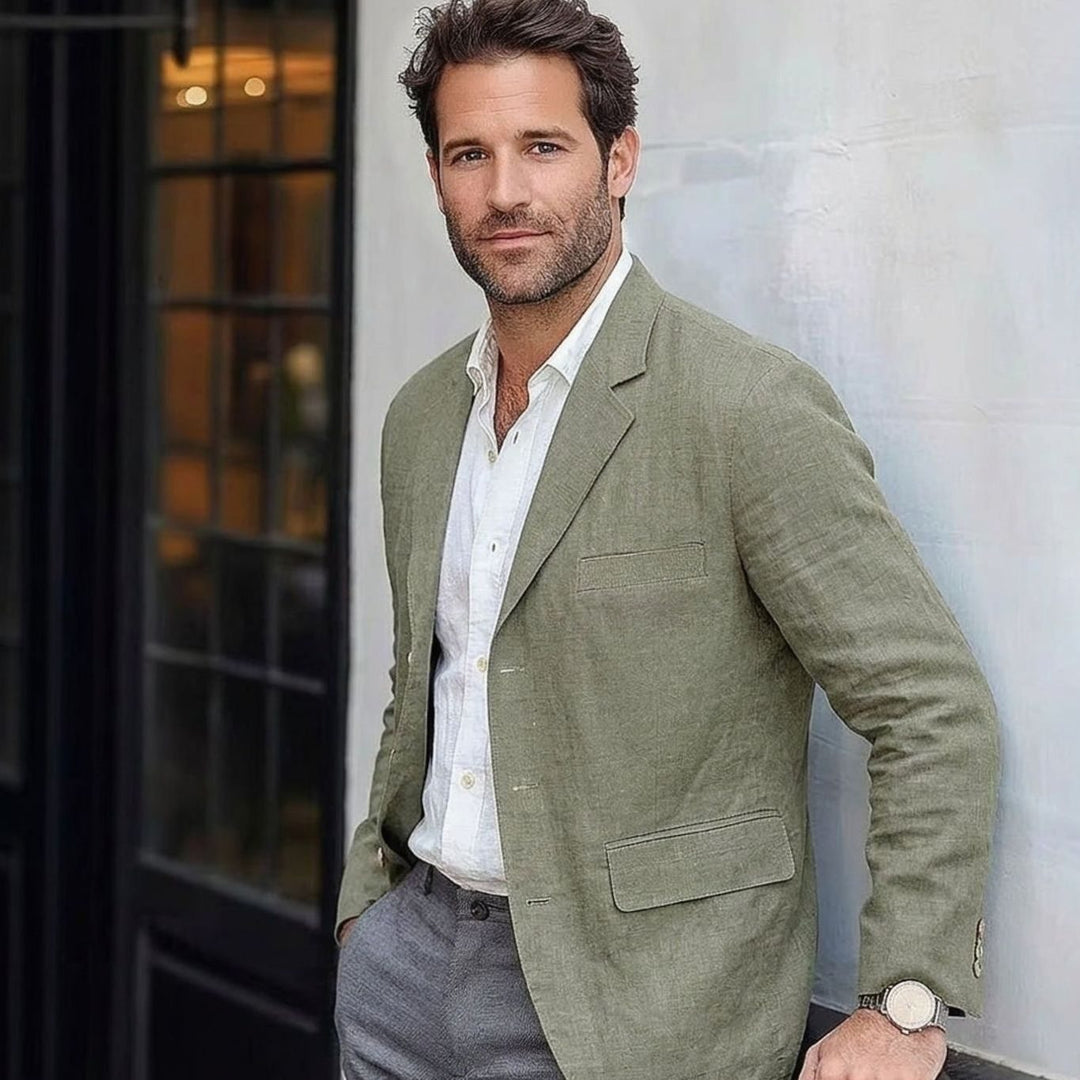 Men's Unstructured Linen-Blend Relaxed-Fit Blazer - Green
