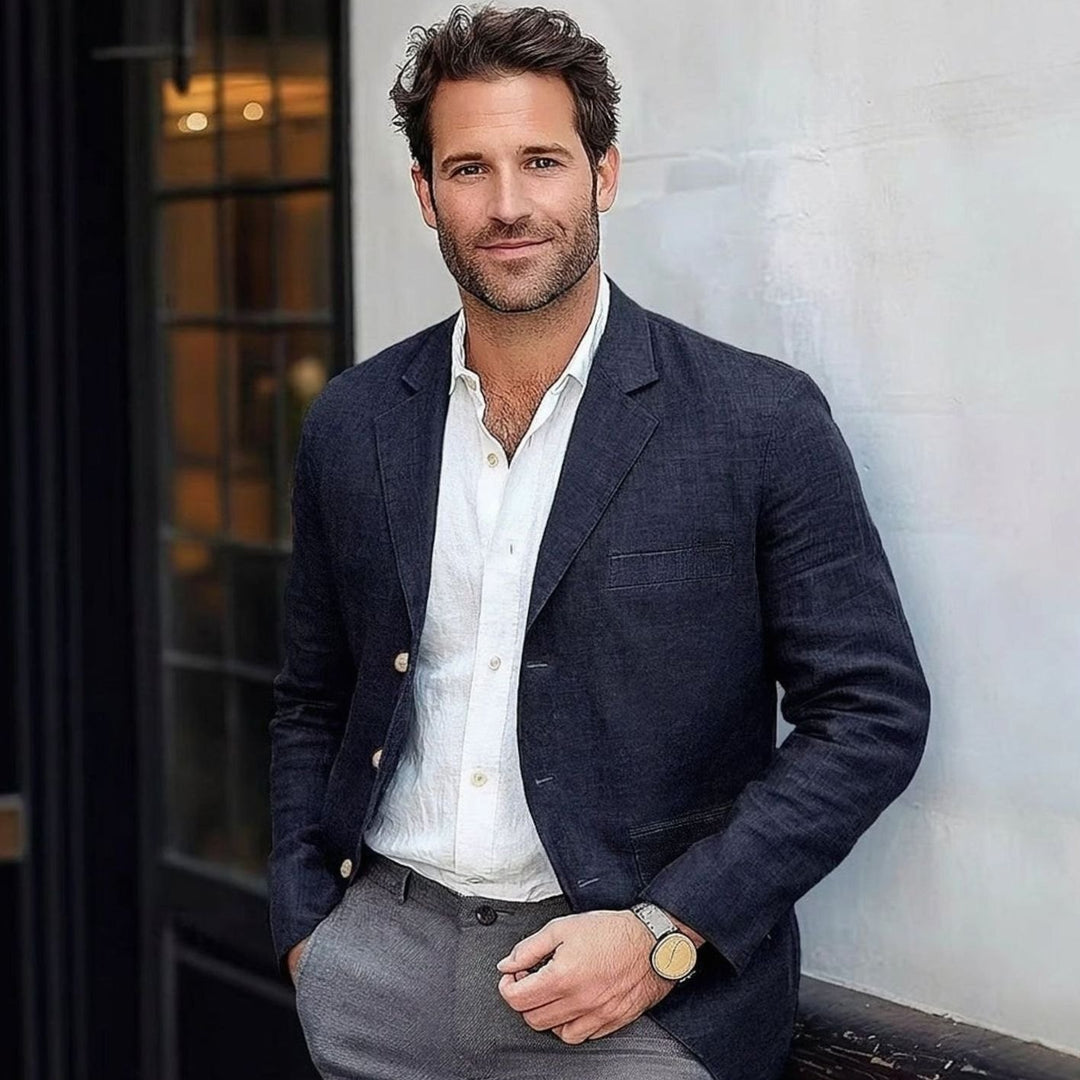 Men's Unstructured Linen-Blend Relaxed-Fit Blazer - Navy