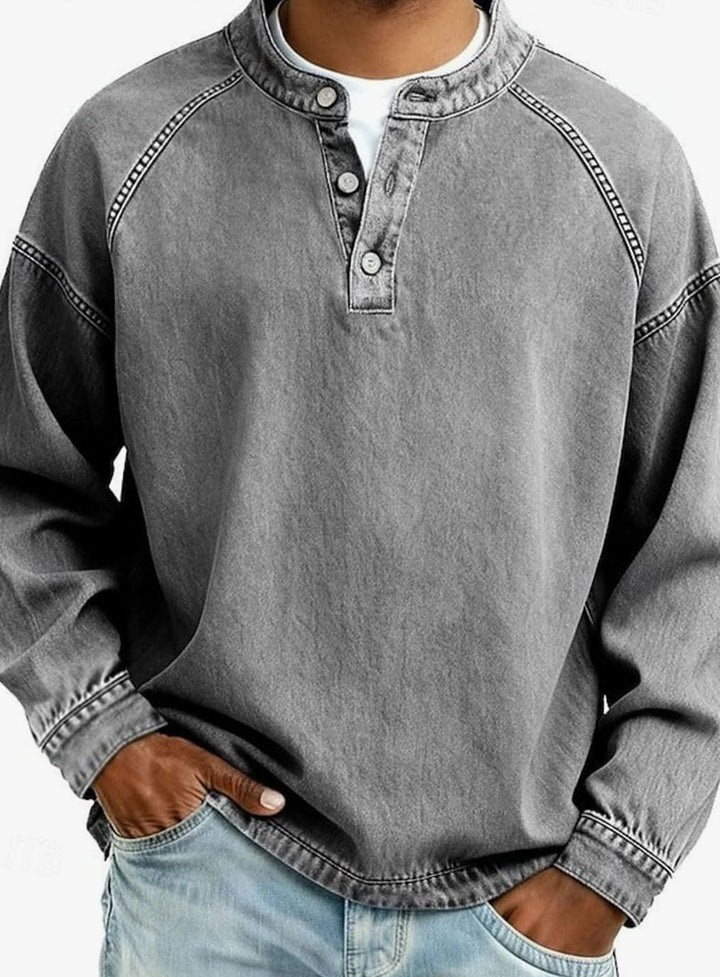 Men's Vintage Henley Long Sleeve Sweatshirt Raglan Top - Grey