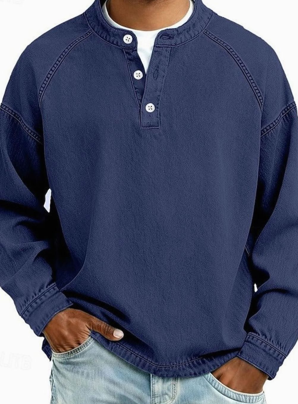 Men's Vintage Henley Long Sleeve Sweatshirt Raglan Top - Royal Blue
