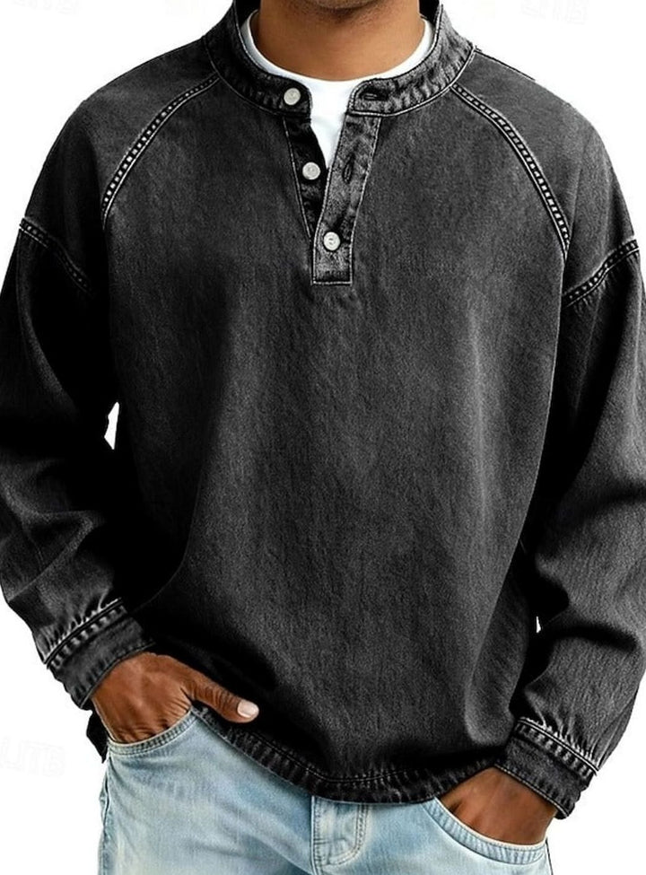 Men's Vintage Henley Long Sleeve Sweatshirt Raglan Top - Black