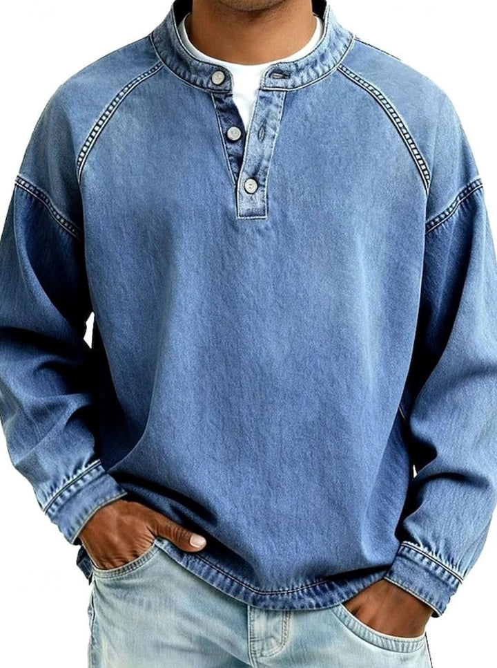 Men's Vintage Henley Long Sleeve Sweatshirt Raglan Top - Light Blue