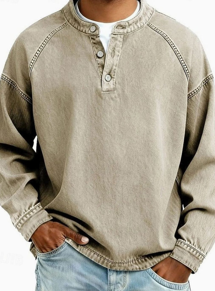 Men's Vintage Henley Long Sleeve Sweatshirt Raglan Top - Khaki