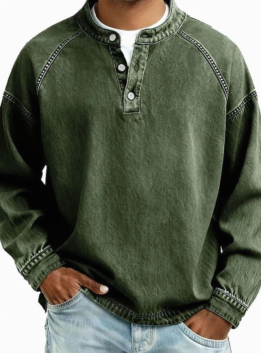Men's Vintage Henley Long Sleeve Sweatshirt Raglan Top - Dark Green