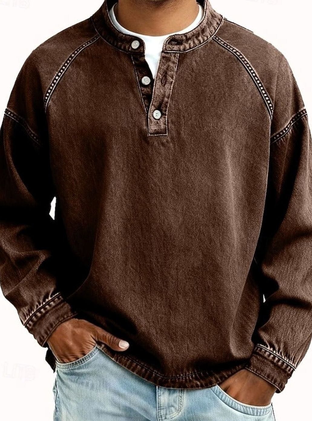 Men's Vintage Henley Long Sleeve Sweatshirt Raglan Top - Brown