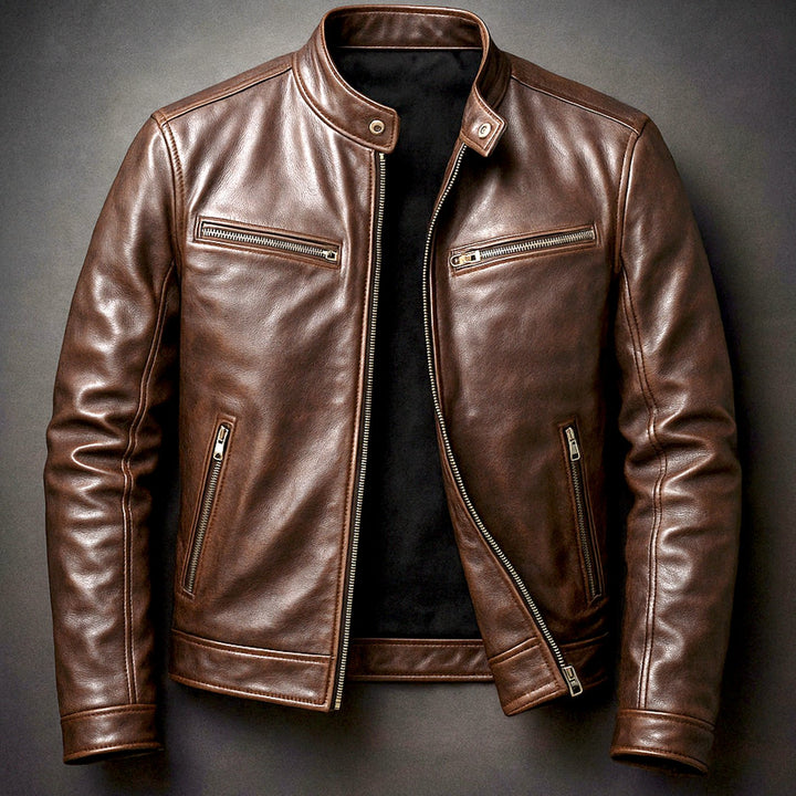 Men's Vintage Leather Biker Jacket Four-Pocket Zip-Up - Cigar Brown