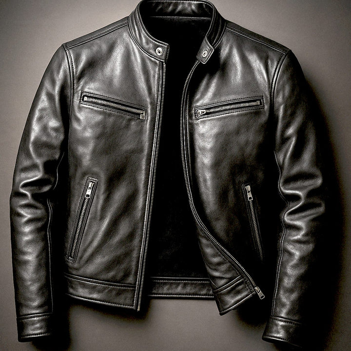 Men's Vintage Leather Biker Jacket Four-Pocket Zip-Up - Biker Black