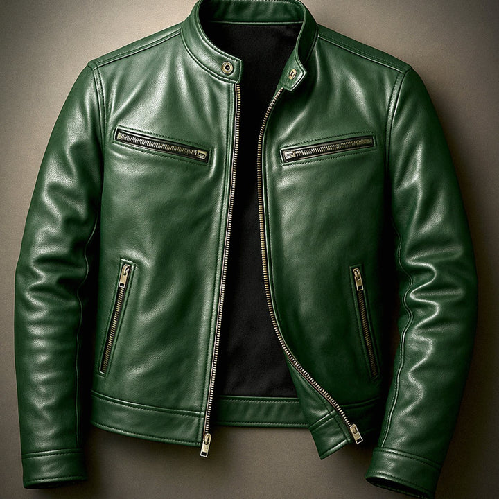 Men's Vintage Leather Biker Jacket Four-Pocket Zip-Up - Forest Green