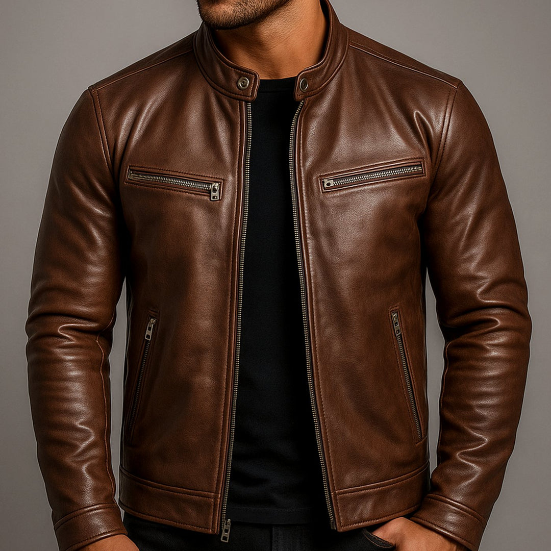 Men's Vintage Leather Biker Jacket Four-Pocket Zip-Up