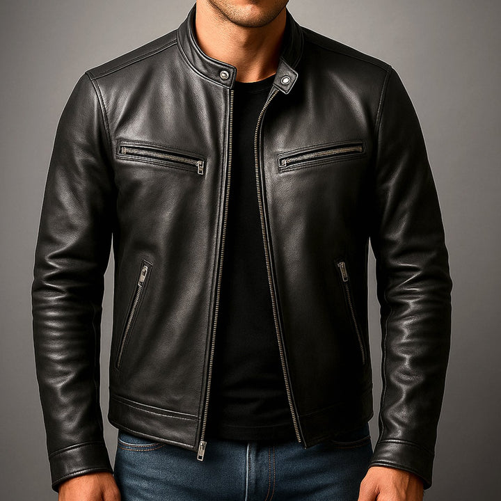 Men's Vintage Leather Biker Jacket Four-Pocket Zip-Up