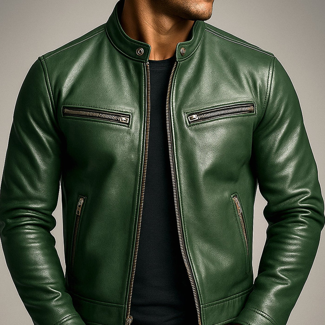 Men's Vintage Leather Biker Jacket Four-Pocket Zip-Up