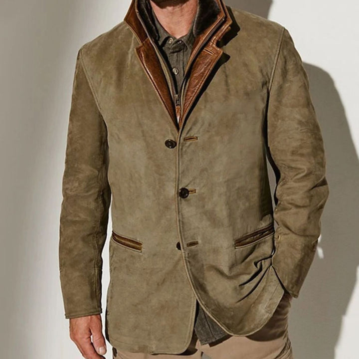 Men's Vintage Suede Single-Breasted Blazer Jacket - Khaki