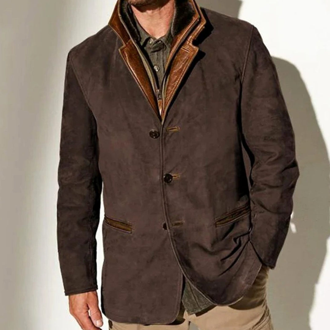 Men's Vintage Suede Single-Breasted Blazer Jacket - Dark Brown