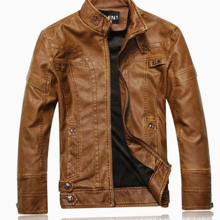 Men's Vintage Zip-Up Faux Leather Biker Jacket - Chestnut Brown
