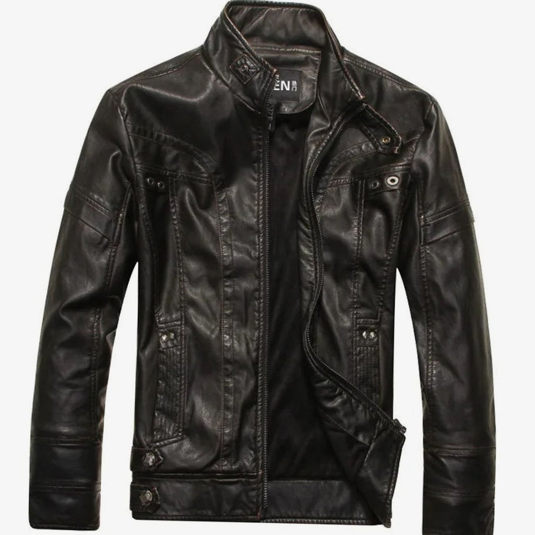 Men's Vintage Zip-Up Faux Leather Biker Jacket - Midnight Black