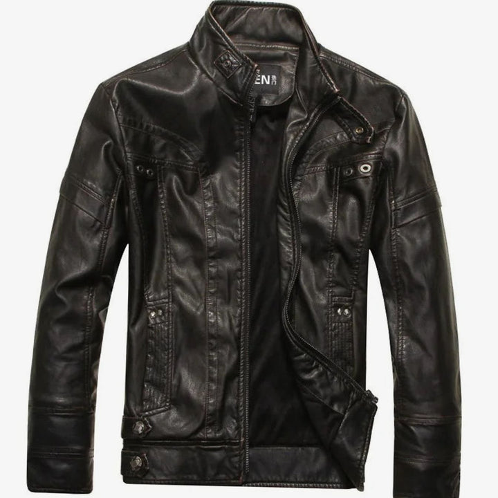 Men's Vintage Zip-Up Faux Leather Biker Jacket - Midnight Black