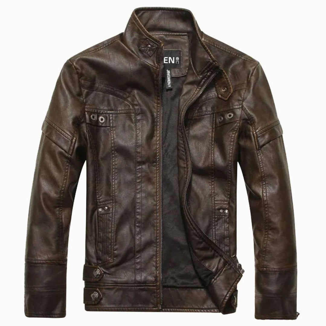 Men's Vintage Zip-Up Faux Leather Biker Jacket - Vintage Tan