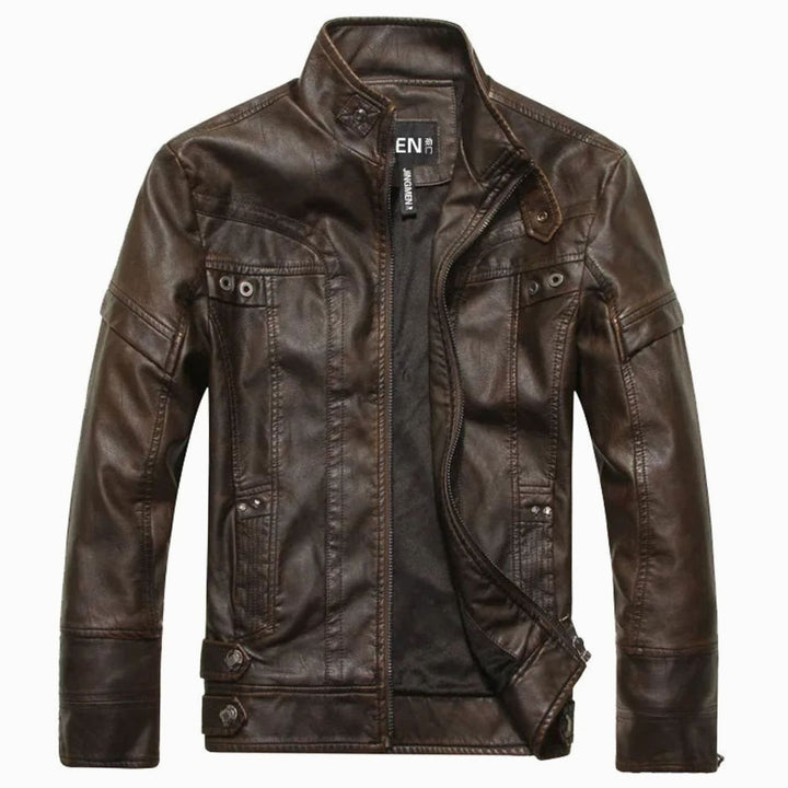 Men's Vintage Zip-Up Faux Leather Biker Jacket - Vintage Tan
