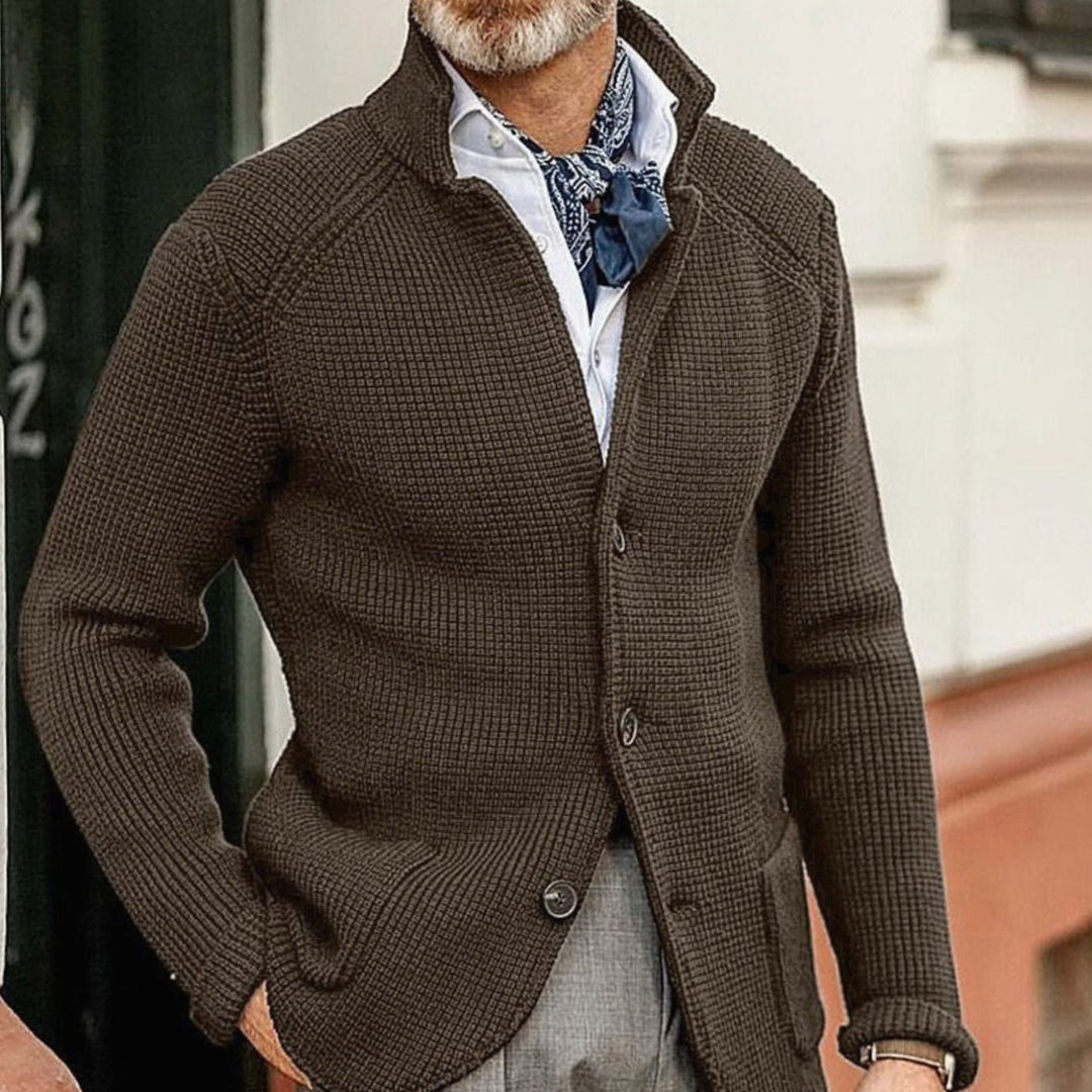 Men's Waffle-Knit Button-Up Cardigan Blazer Jacket - Coffee