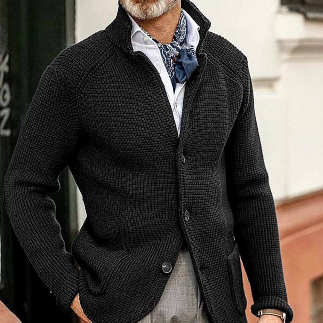 Men's Waffle-Knit Button-Up Cardigan Blazer Jacket - Black
