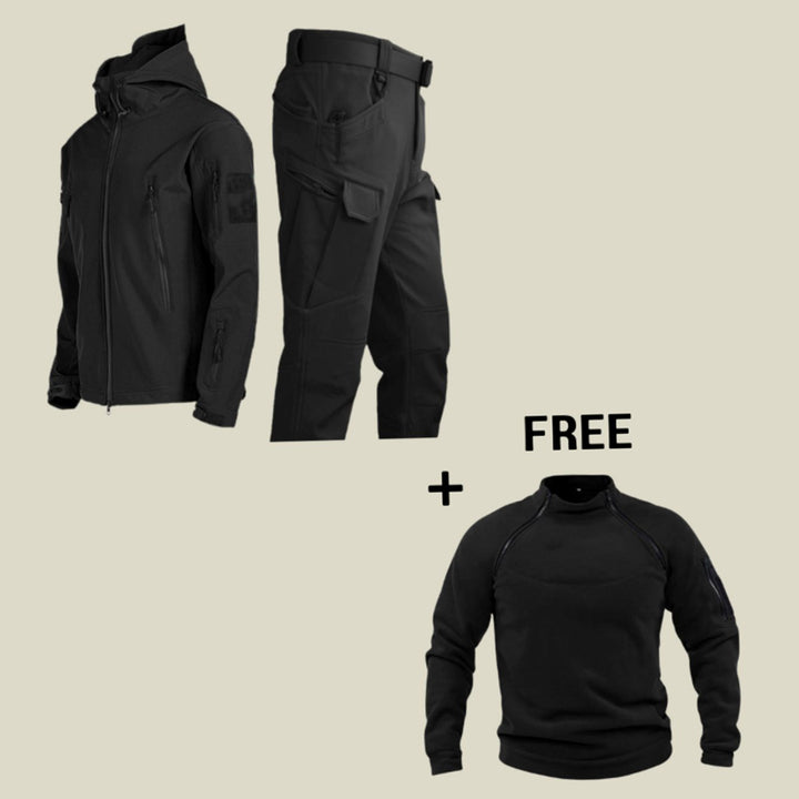 Men's Water-Resistant Tactical Hooded Softshell Jacket Trouser Set - Black