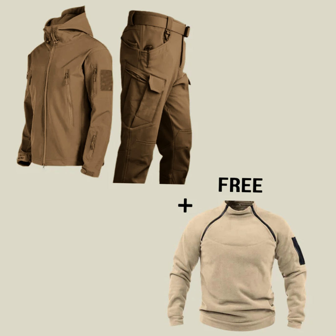 Men's Water-Resistant Tactical Hooded Softshell Jacket Trouser Set - Brown