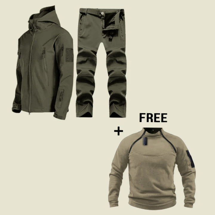 Men's Water-Resistant Tactical Hooded Softshell Jacket Trouser Set - Green