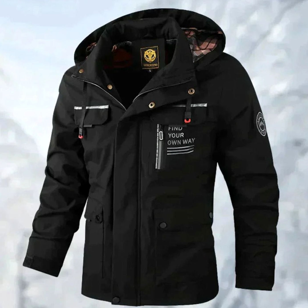 Men's Waterproof Windproof Hooded Outdoor Winter Jacket, White - Black