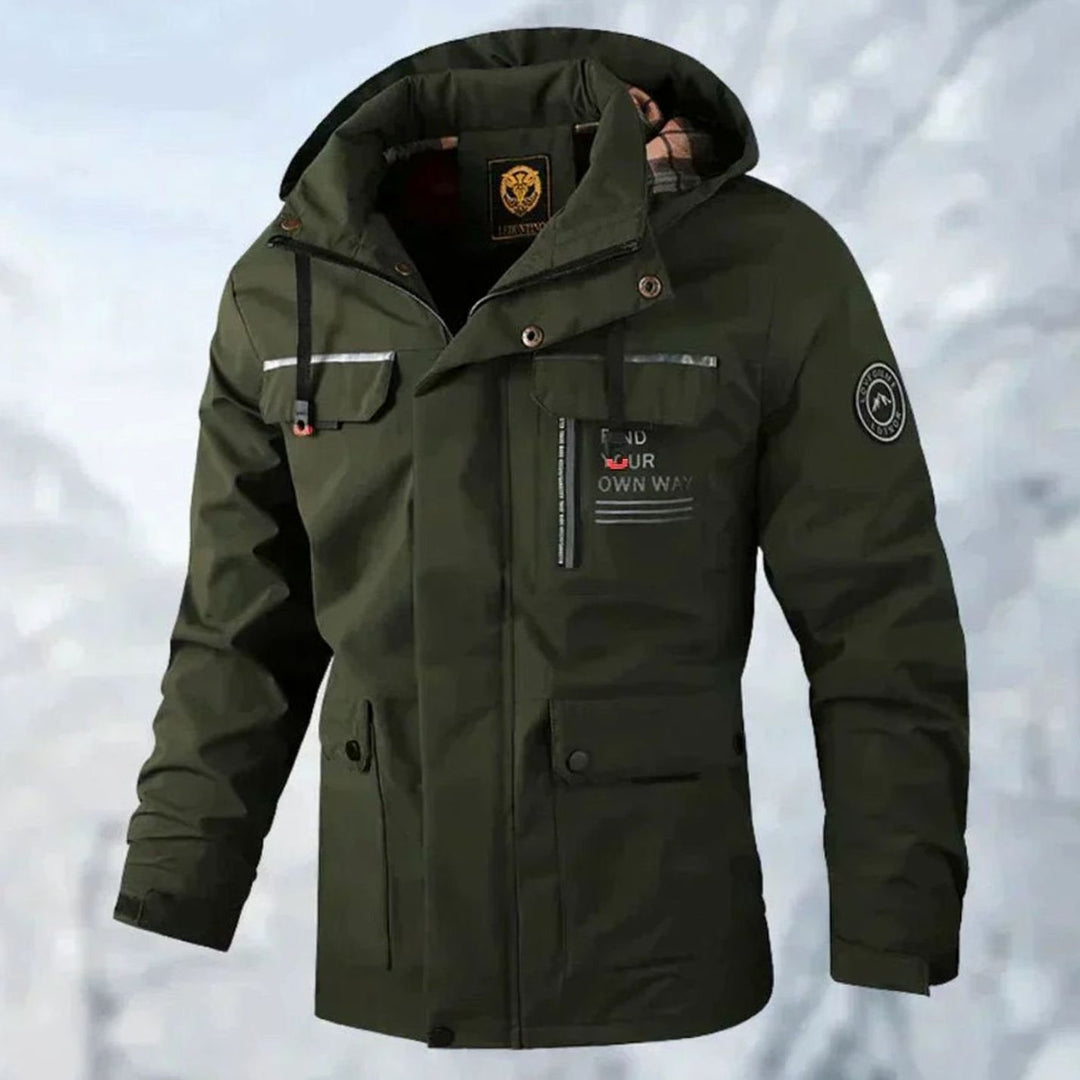 Men's Waterproof Windproof Hooded Outdoor Winter Jacket, White - Green