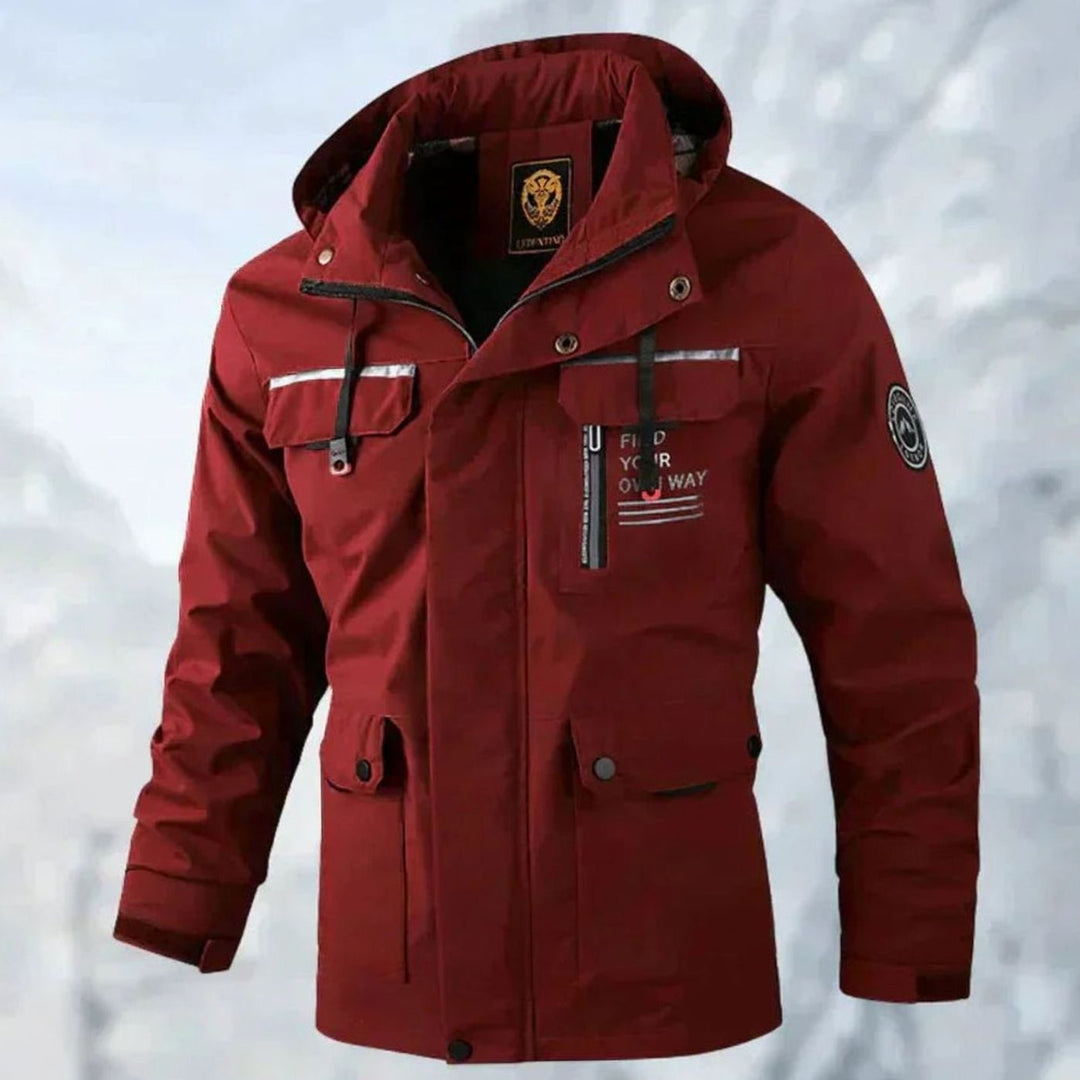 Men's Waterproof Windproof Hooded Outdoor Winter Jacket, White - Red