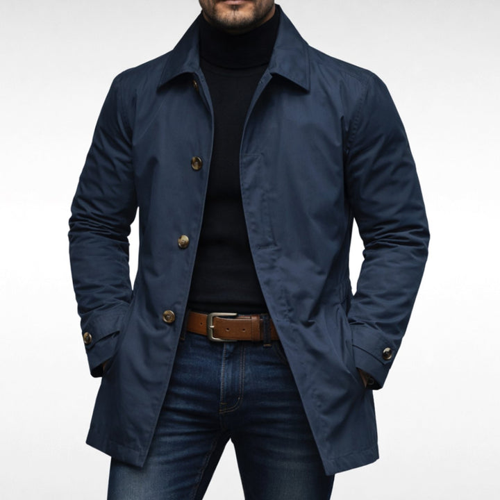 Men's Weather-Resistant Relaxed-Fit Button-Up Overcoat - Navy Blue
