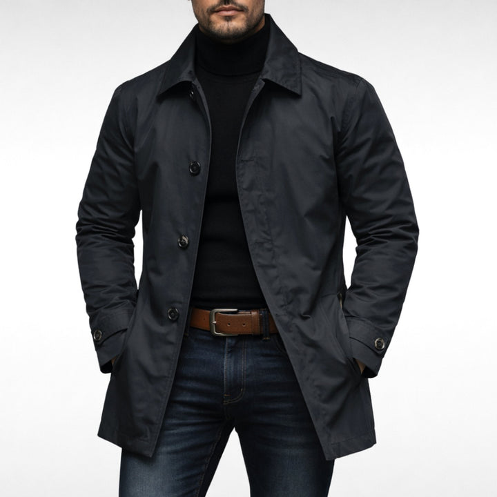 Men's Weather-Resistant Relaxed-Fit Button-Up Overcoat - Black