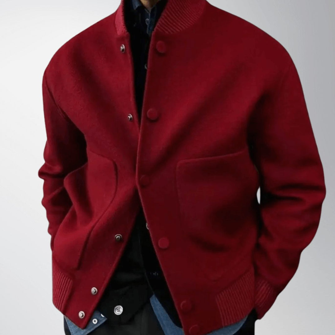 Men's Wool-Blend Button-Up Varsity Jacket Ribbed Cuffs - Red