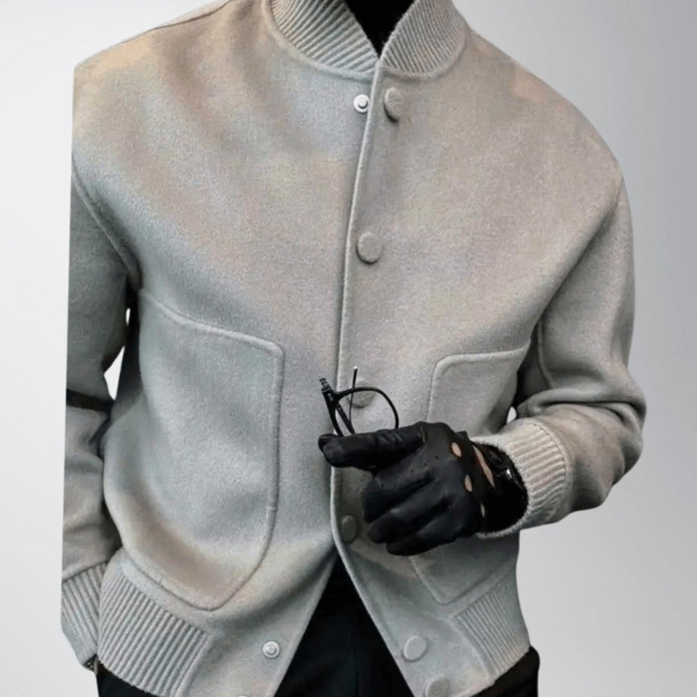 Men's Wool-Blend Button-Up Varsity Jacket Ribbed Cuffs - Grey