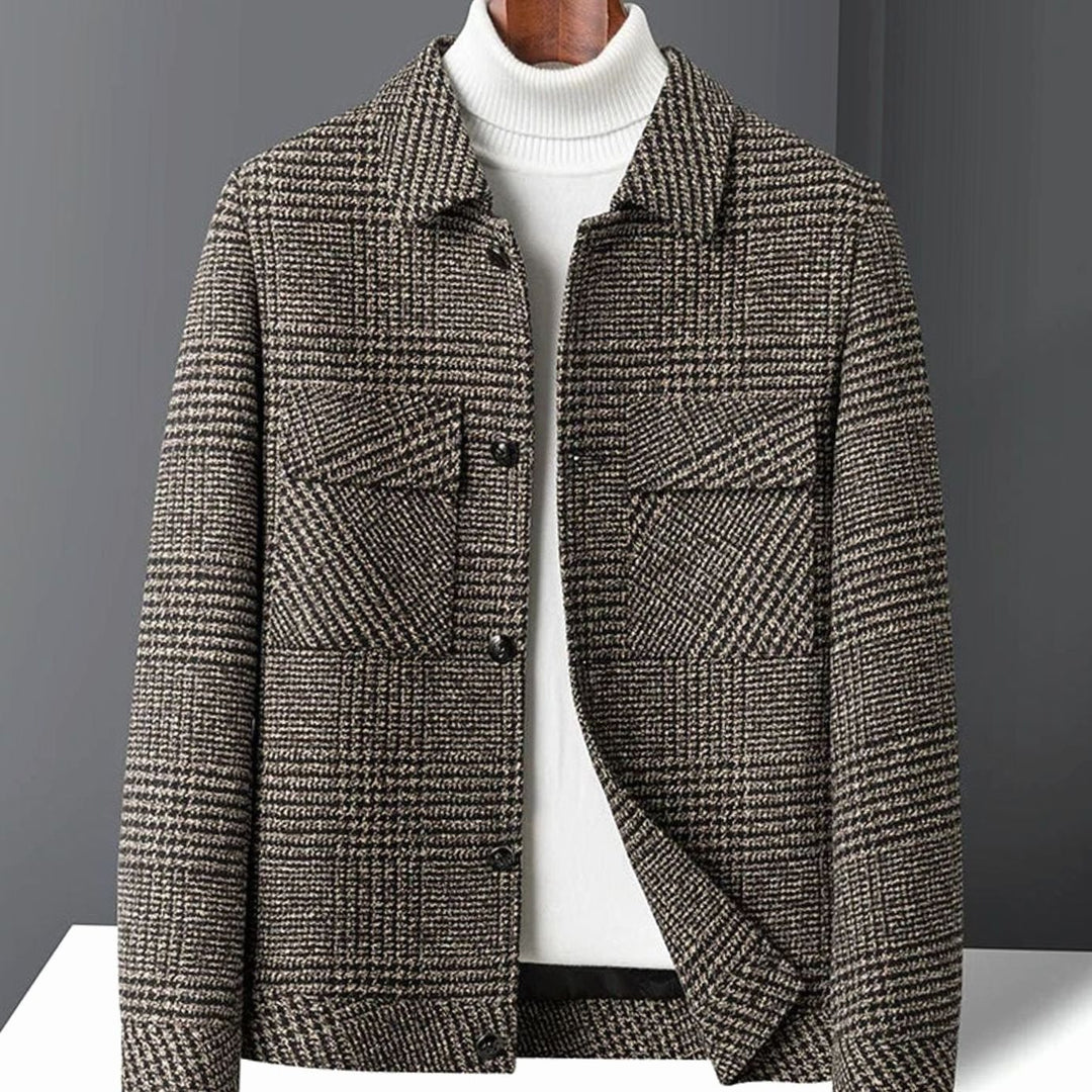 Men's Wool-Blend Check Structured Button-Up Jacket - Camel